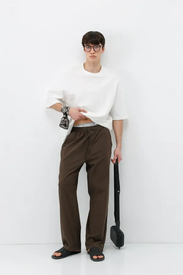 Bel Lastikli Baggy Fit Keten Pantolon Kahve