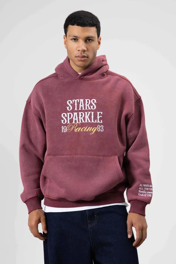 Oversize Nakış Baskılıkapüşonlu Sweatshirt Bordo
