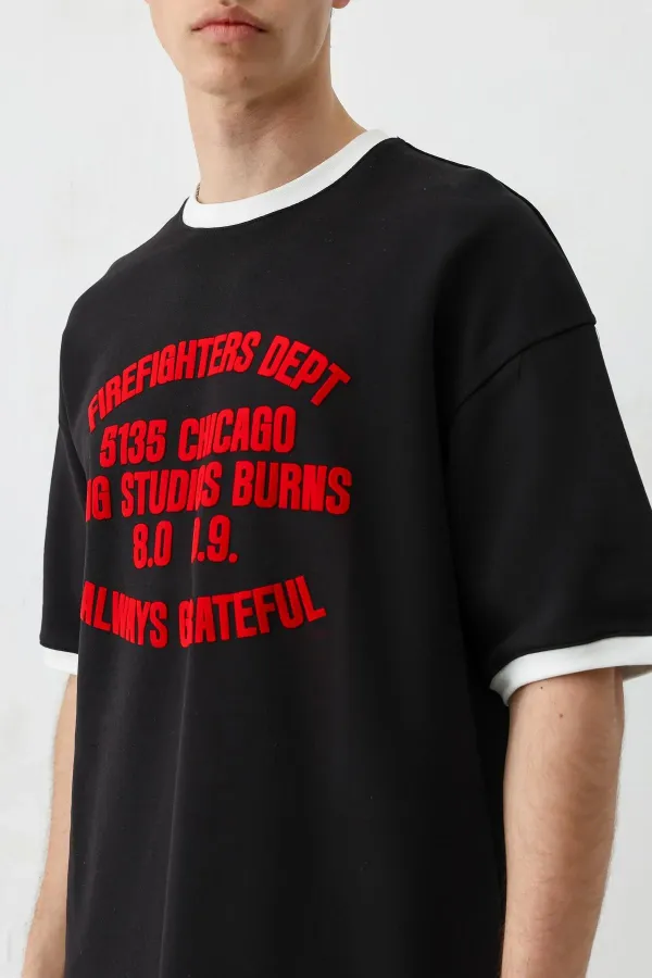 Baskılı Bisiklet Yaka Oversize Tişört Siyah