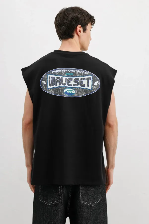 Oversize Baskılı Kolsuz Tişört Siyah