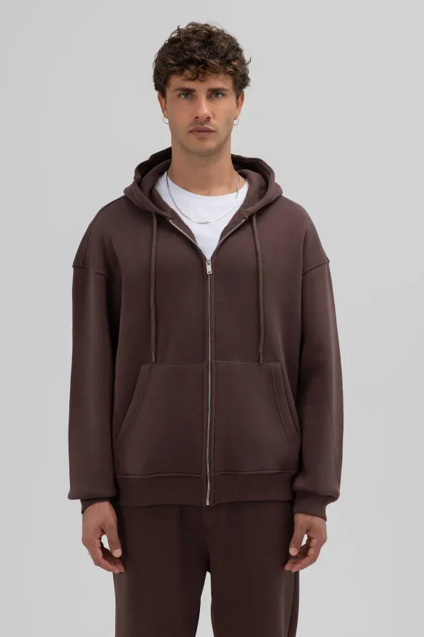 Sweat à capuche oversize basique zippé, marron