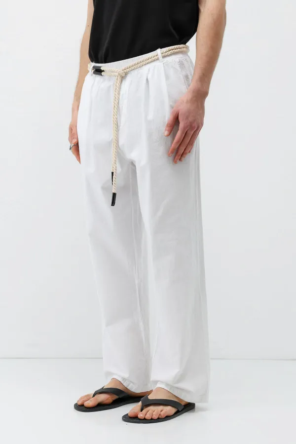 Kemer Detaylı Oversize Keten Pantolon Ekru