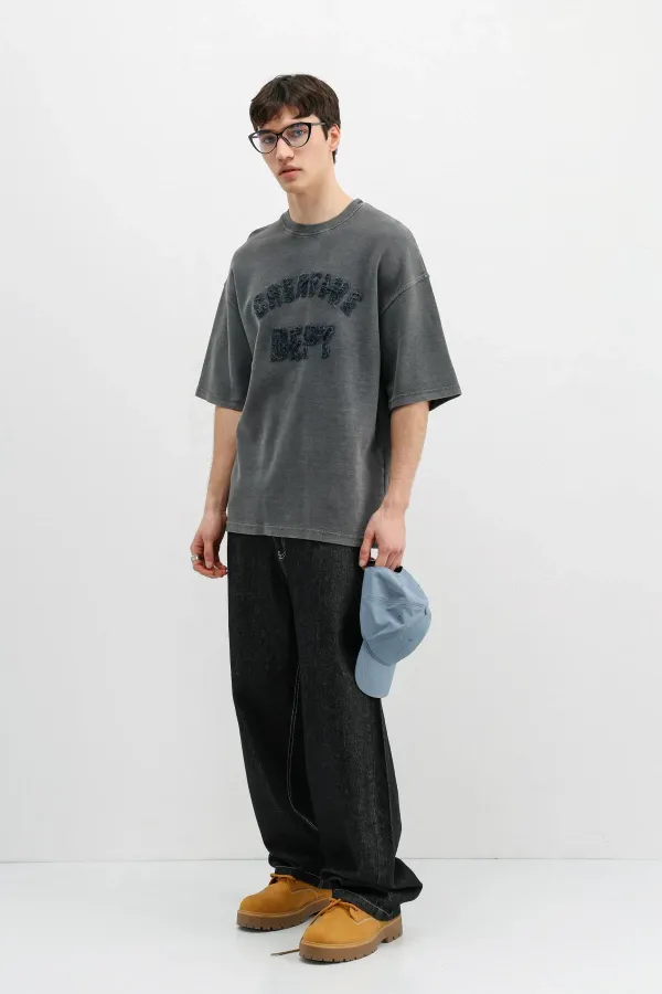 Yıkamalı Yazı Baskılı Oversize Tişört Siyah