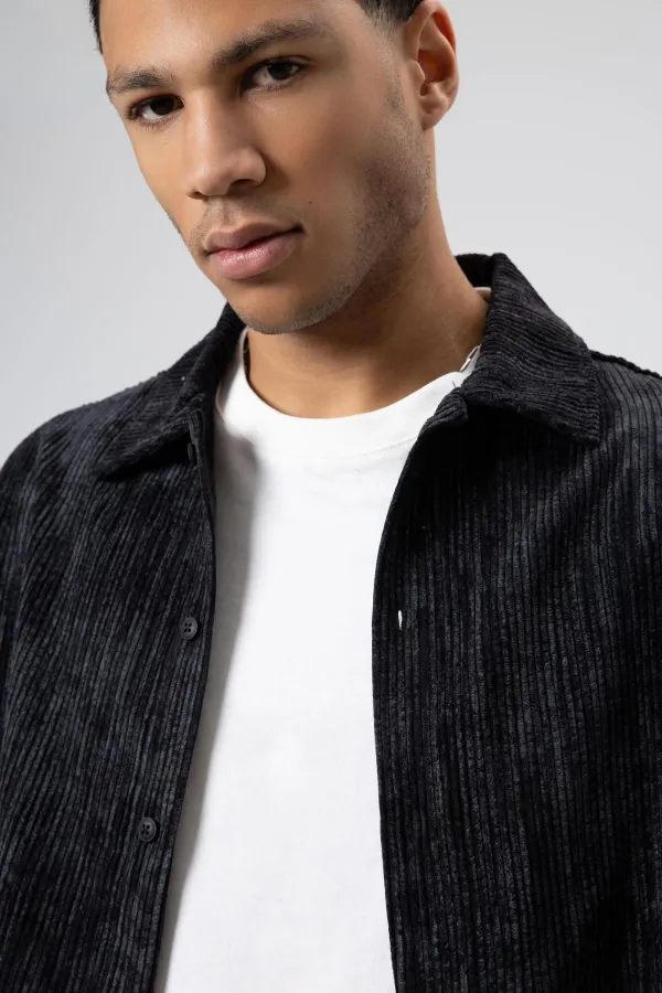 Oversize Dokulu Gömlek Siyah