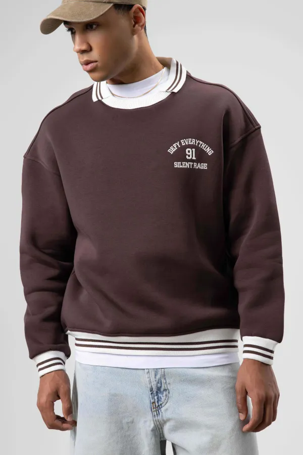 Oversize Yaka Nakış Detaylı Sweatshirt Kahve