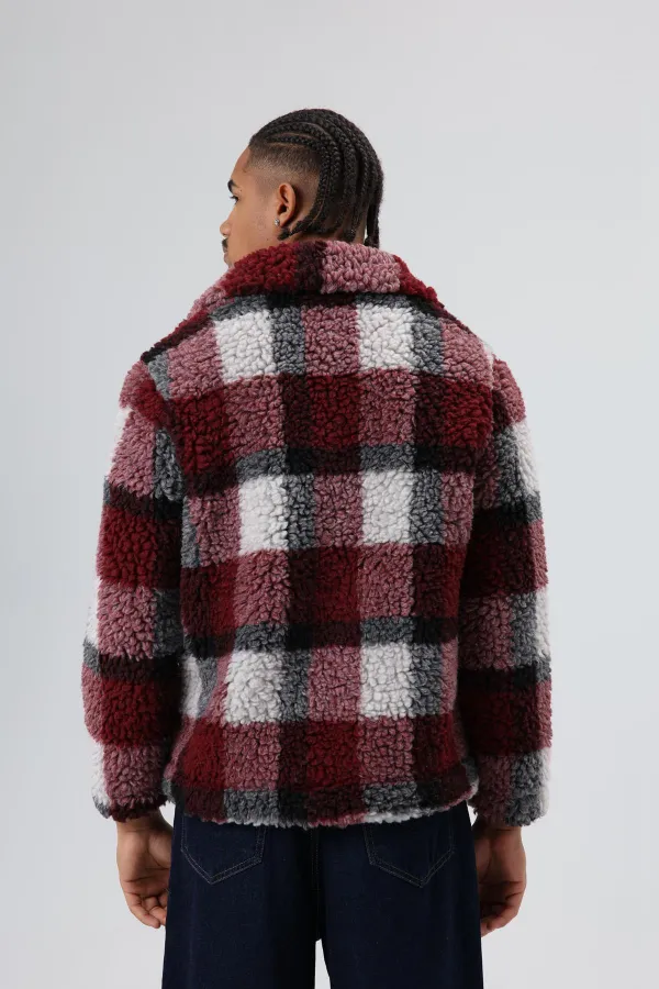 Oversize Peluş Ekose Ceket Bordo