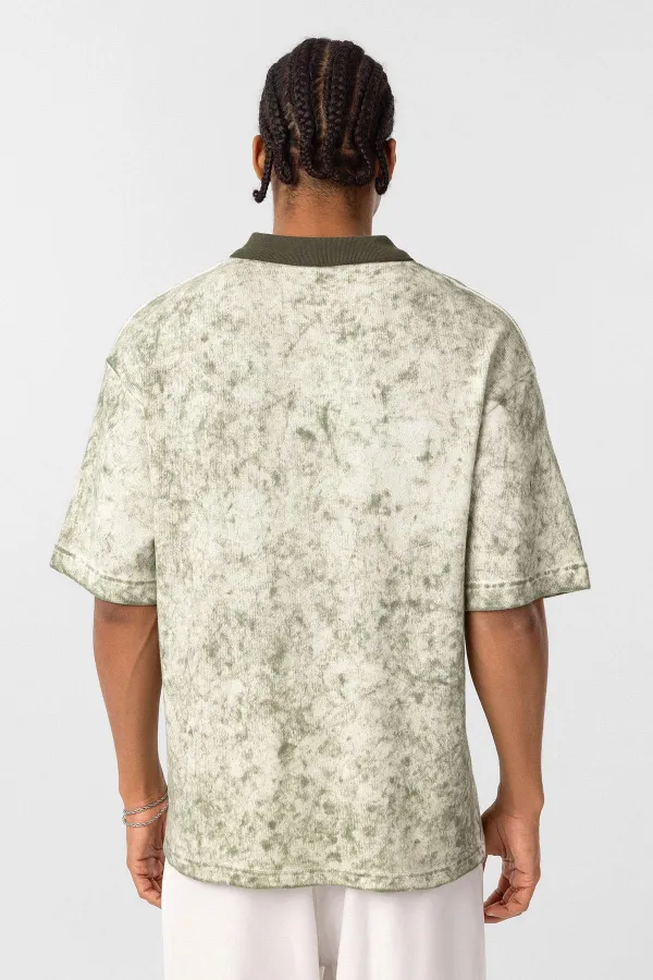 Yıkamalı Oversize Polo Yaka Tişört Haki
