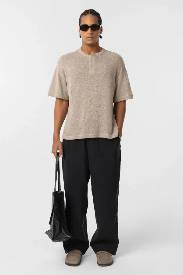 Basic Oversize Button-Down T-Shirt Beige