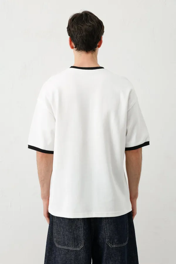 Baskılı Bisiklet Yaka Oversize Tişört Ekru
