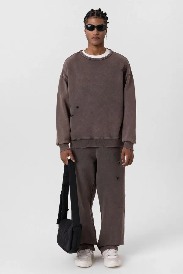 Premıum Yıkamalı Yırtık Detaylı Oversize Eşofman Takım Kahve