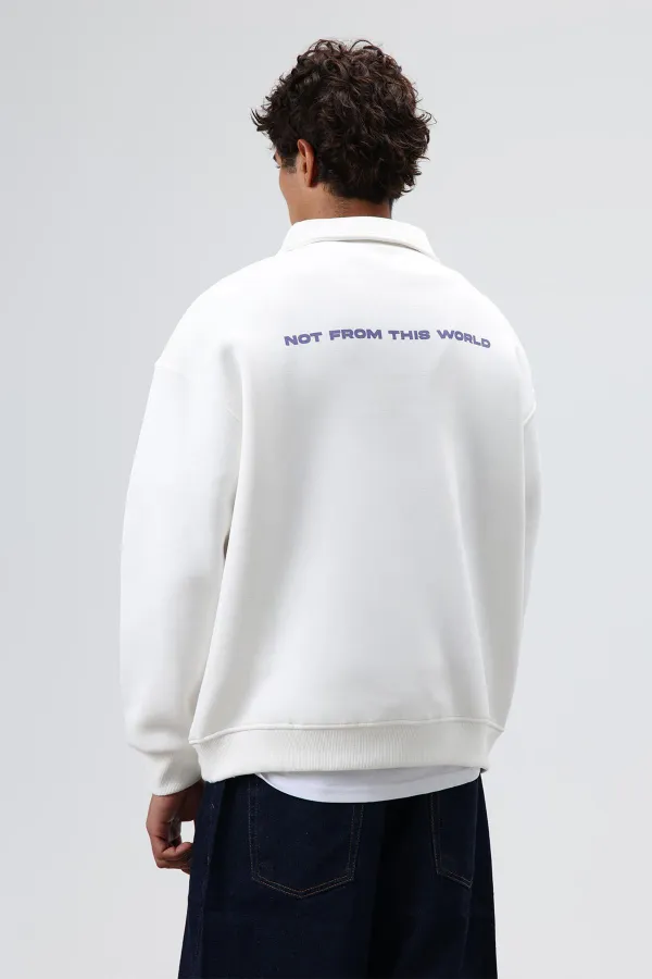 Sweat-shirt oversize à col polo imprimé délavé, écru