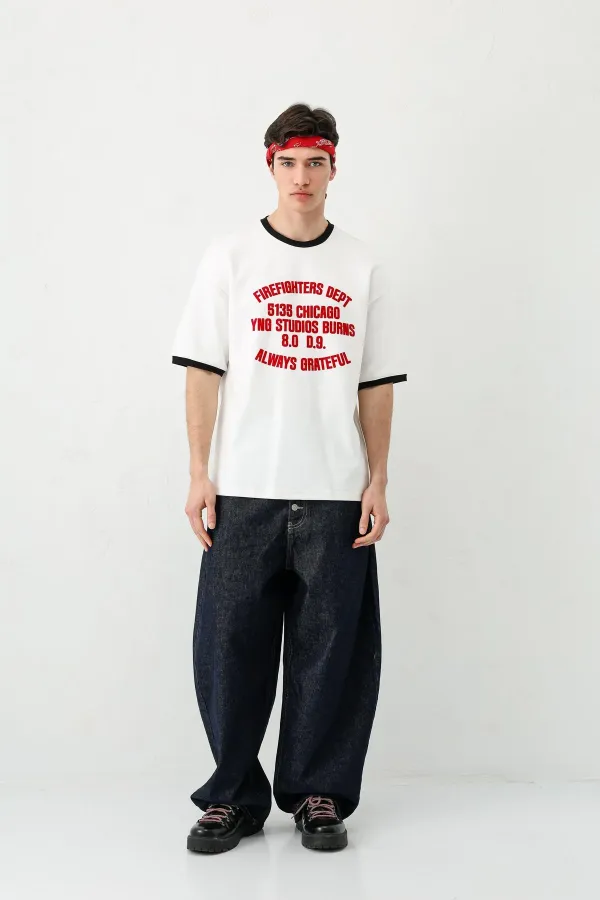 Baskılı Bisiklet Yaka Oversize Tişört Ekru