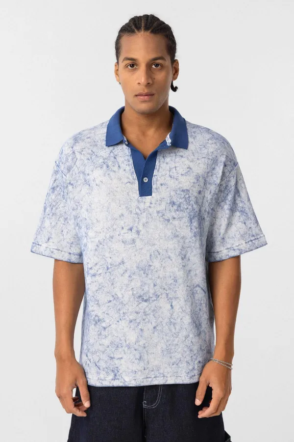 Yıkamalı Oversize Polo Yaka Tişört İndigo