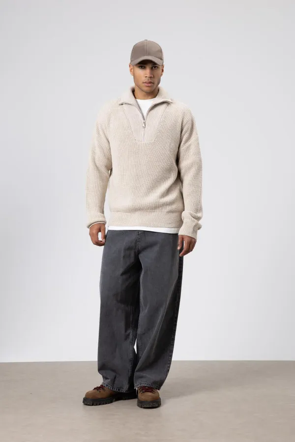 Yarım Fermuarlı Triko Kazak Taş