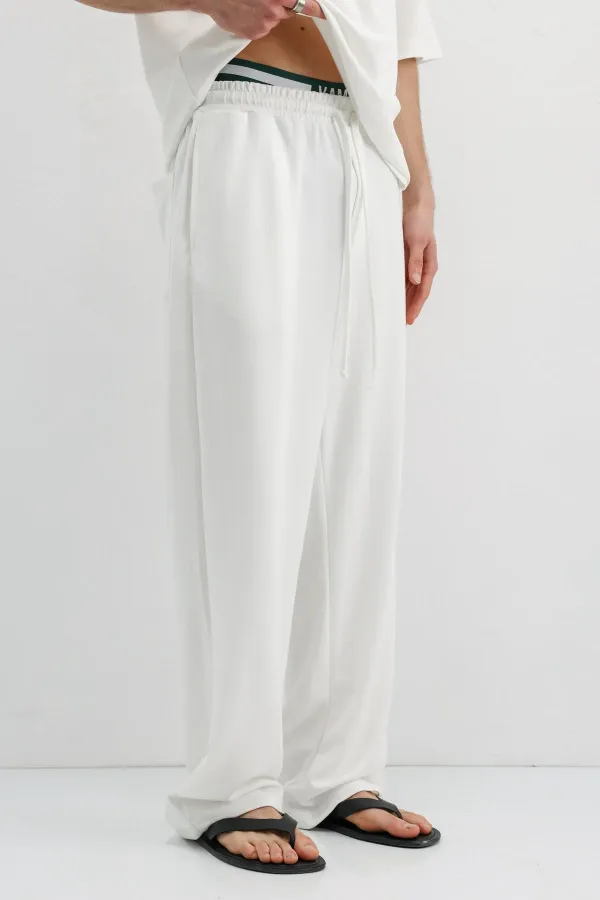 Fitilli Dokulu Baggy Eşofman Alt Ekru