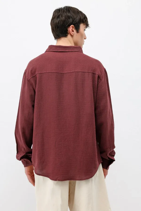Uzun Kollu Basic Oversize Gömlek Bordo