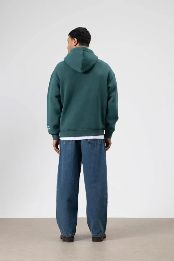 Oversize Nakış Baskılıkapüşonlu Sweatshirt Nefti