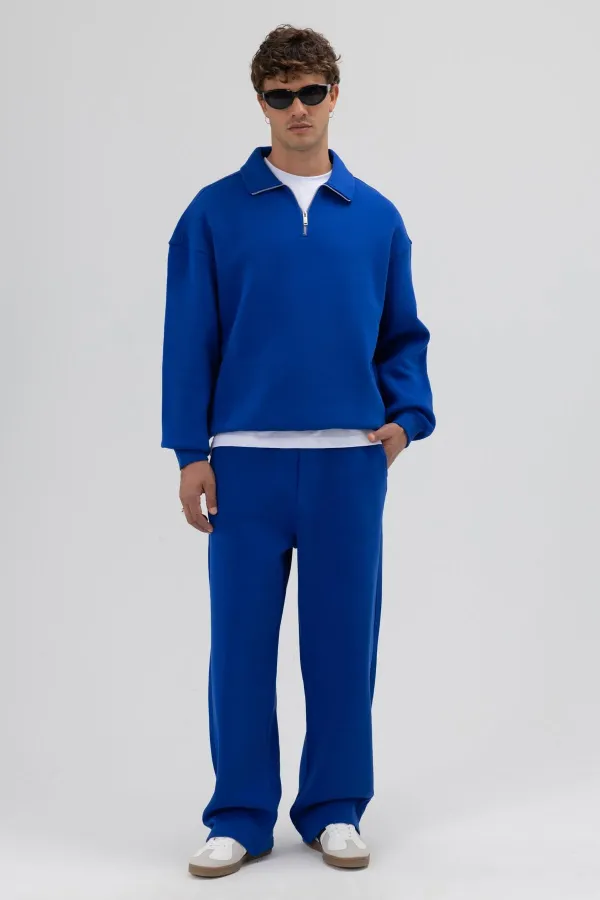 Oversize Fermuarlı Dik Yaka Sweatshirt Saks