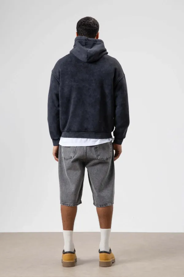 Oversize Nakış Baskılıkapüşonlu Sweatshirt Siyah