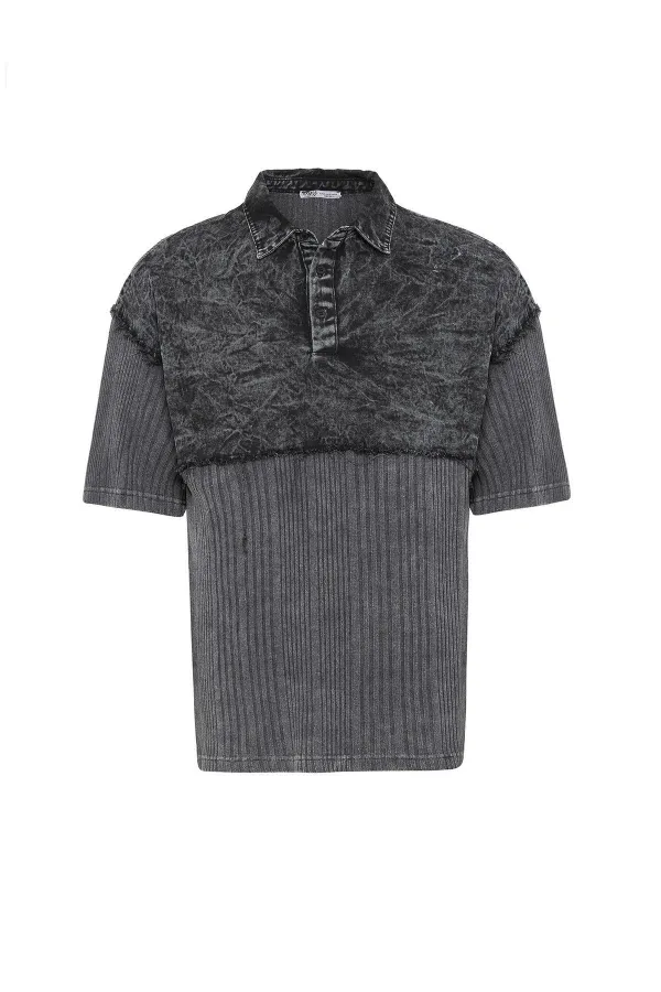 Yıkamalı Oversize Polo Yaka Tişört Siyah