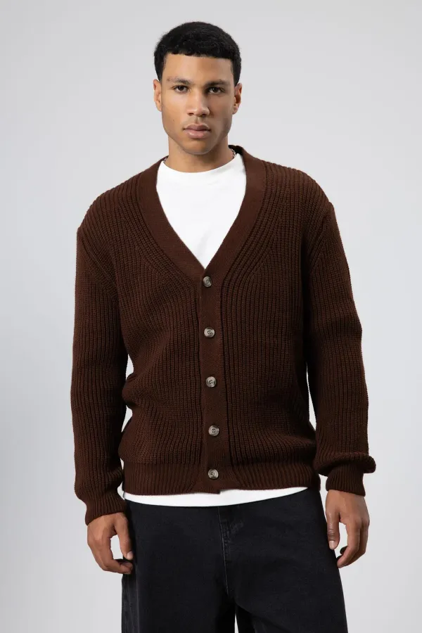 V Yaka Düğmeli Örgü Hırka Kazak Kahve