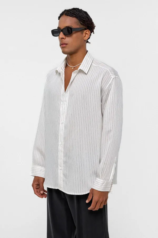 Oversize Çizgili Uzun Kollu Gömlek Beyaz