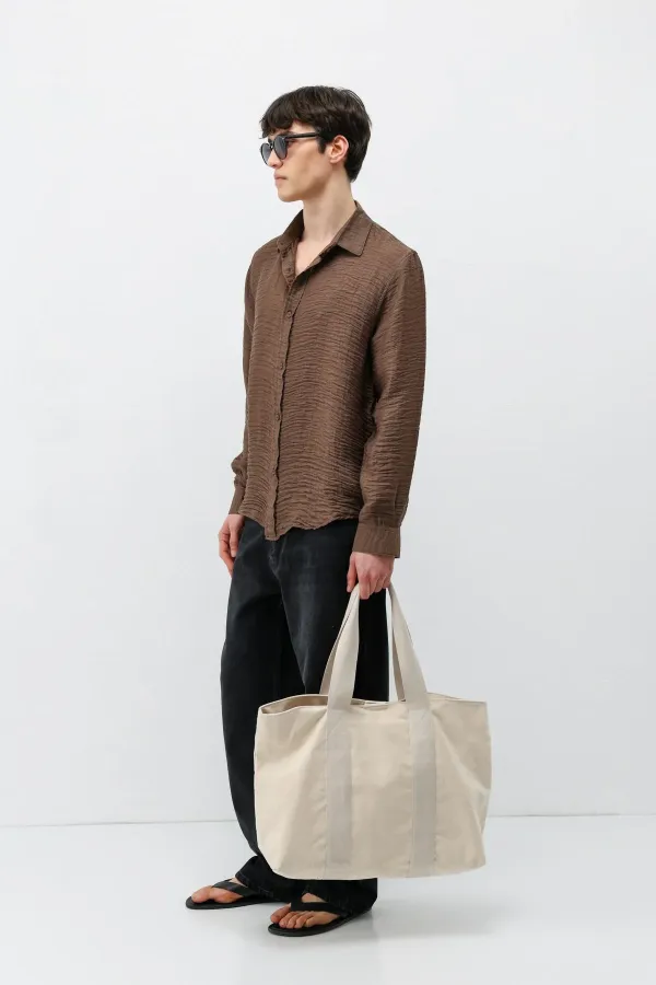 Dokulu Oversize Gömlek Açık Kahve