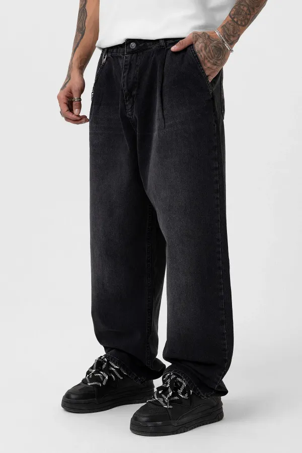 Pileli Zincir Detaylı Baggy Jean Antrasit