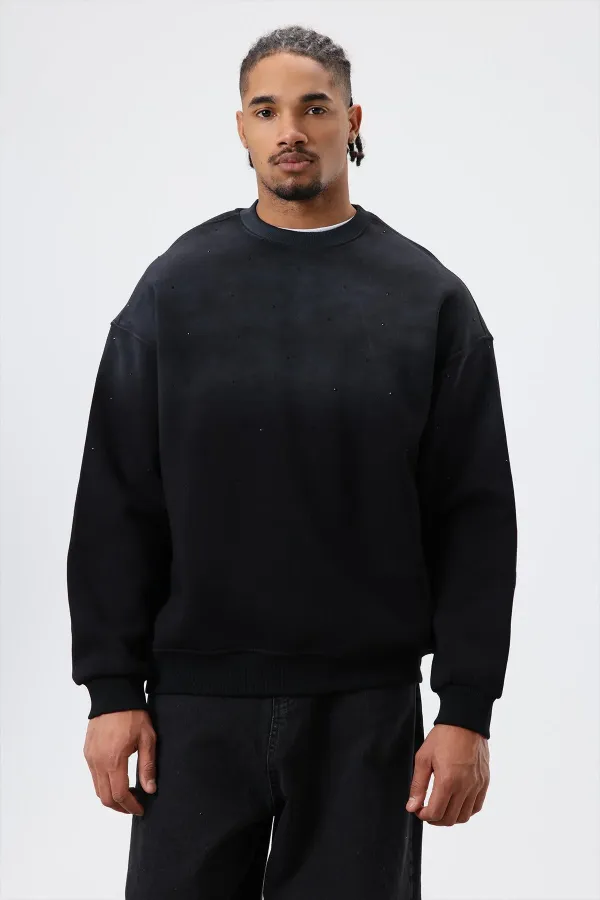 Yıkamalı Taş Detaylı Oversize Sweatshirt Siyah