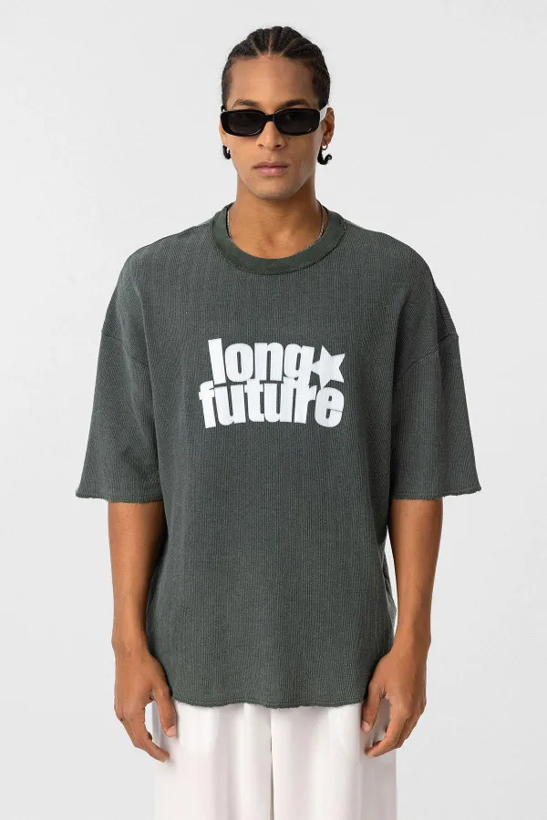 T-shirt oversize en maille délavée verte