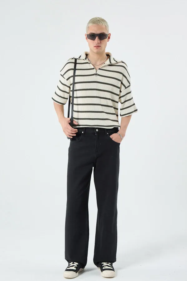 Oversize Çizgili Fermuarlı Yaka Triko Tişört Haki