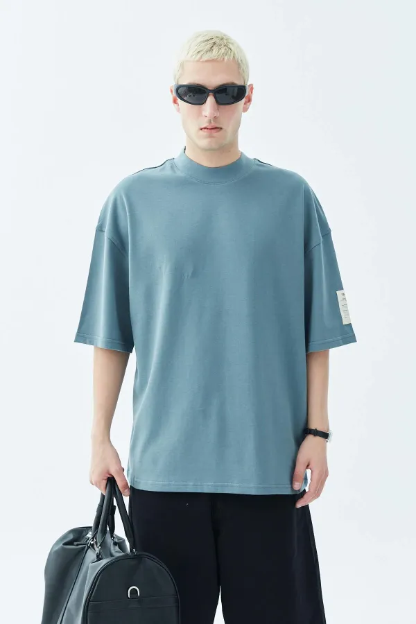 Balıkçı Yaka Etiket Detaylı Oversize Tişört - Açık Füme Füme