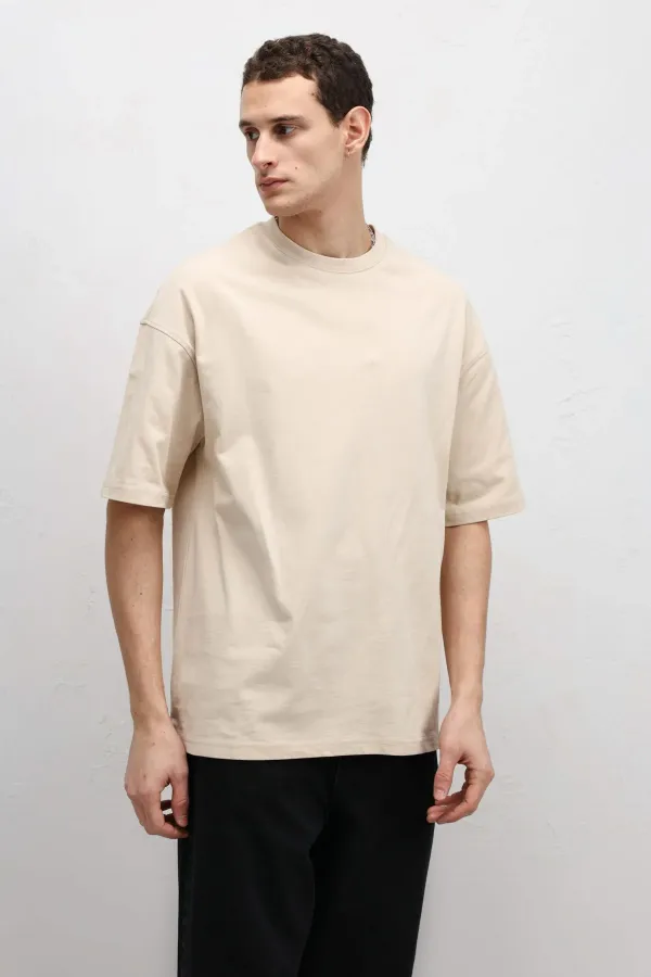Basic Oversize Bisiklet Yaka Tişört Bej