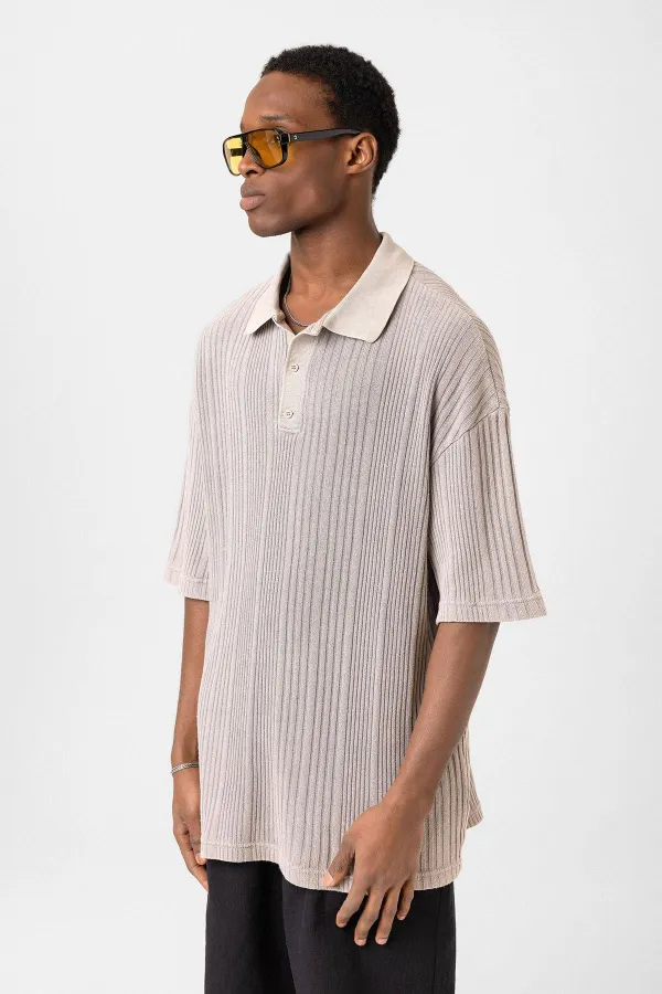 Polo Yaka Oversize Triko Taş