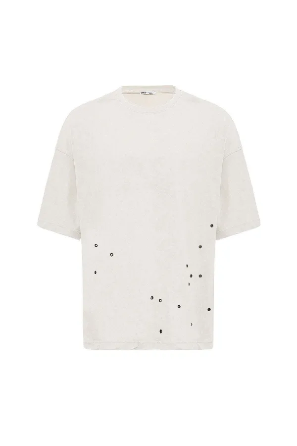 Yıkamalı Metal Detaylı Oversize Tişört Taş