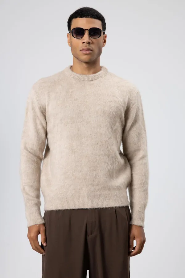 Oversize Yumuşak Dokulu Bisiklet Yaka Kazak Bej