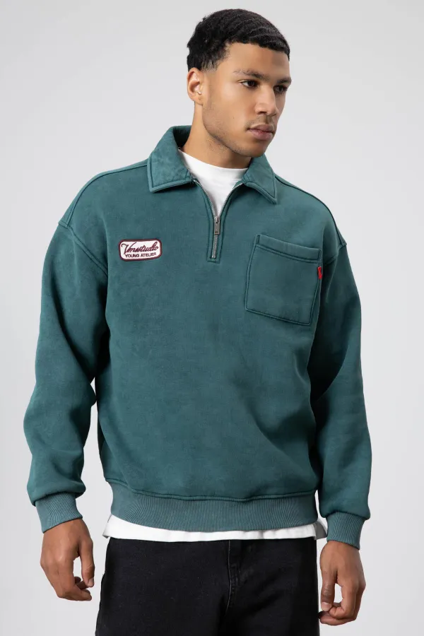 Yaka Fermuarlı Oversize Baskılı Sweatshirt Nefti