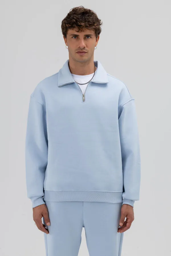 Sweat-shirt oversize à fermeture éclair et col montant bleu clair