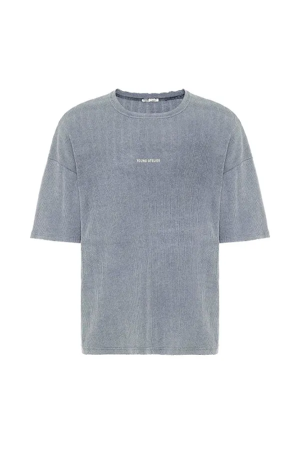 Yıkamalı Arka Baskılı Oversize Tişört Gri