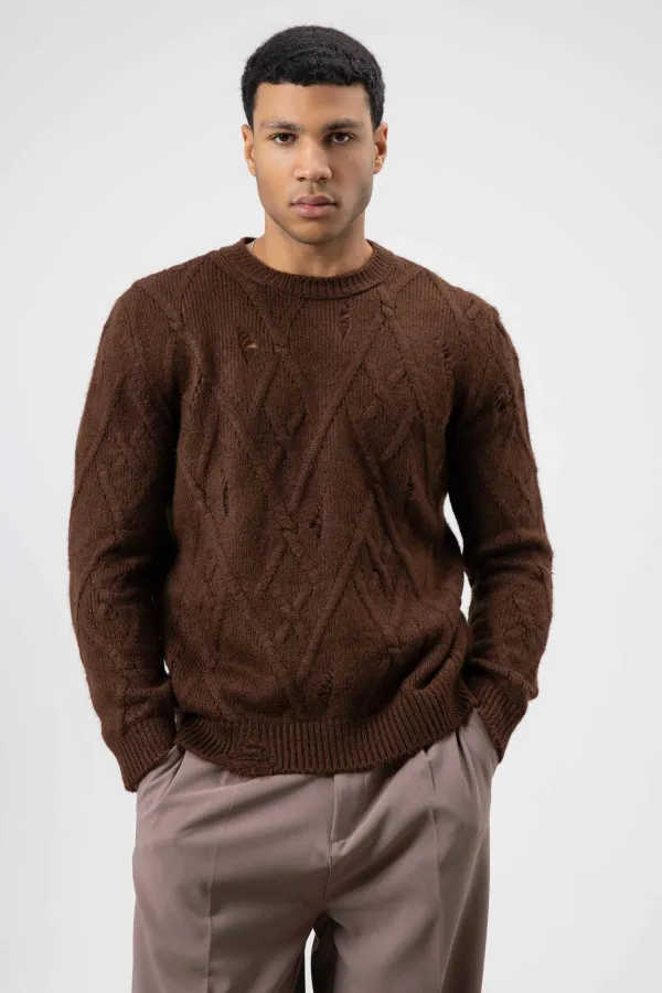 Oversize Desenli Triko Kazak Kahve