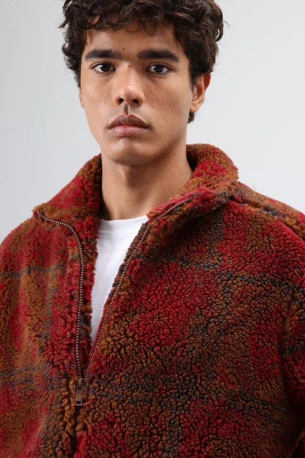 Oversize Peluş Mont Bordo