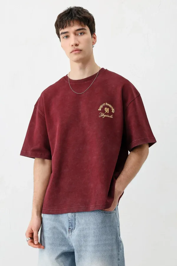 Kısa Kollu Boxy Fit Baskılı Tişört Bordo