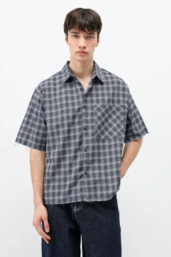 Chemise oversize à manches courtes à carreaux, bleu marine