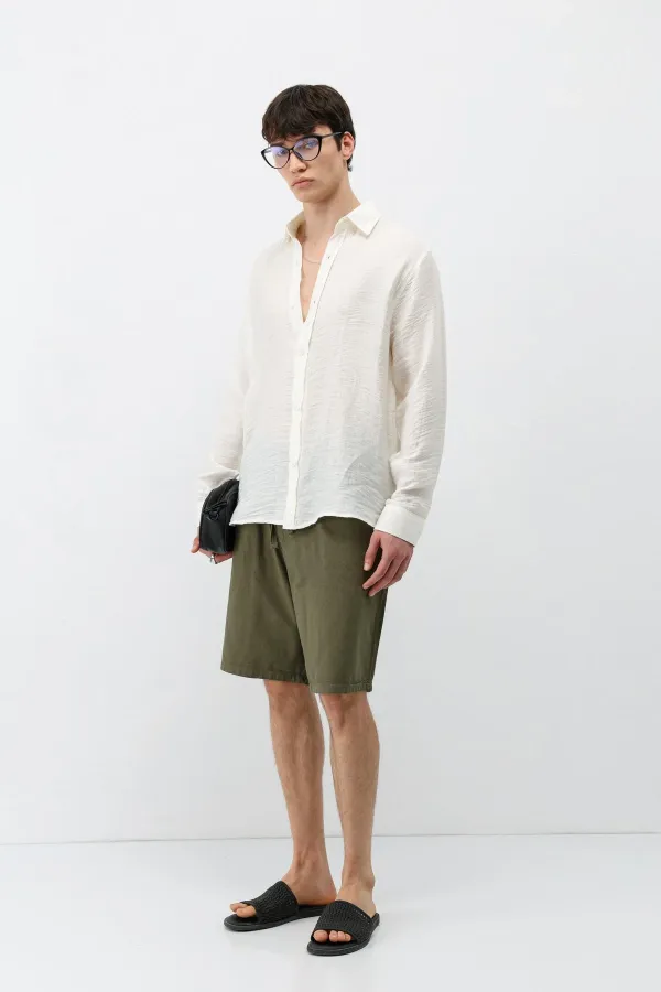 Dokulu Oversize Gömlek Ekru