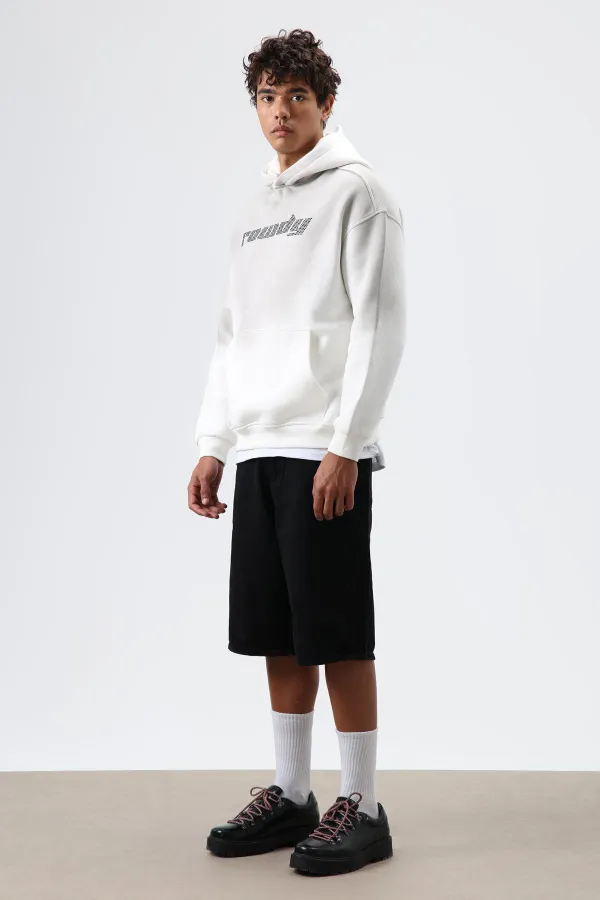 Oversize Baskılı Yıkamalı Hoodie Ekru