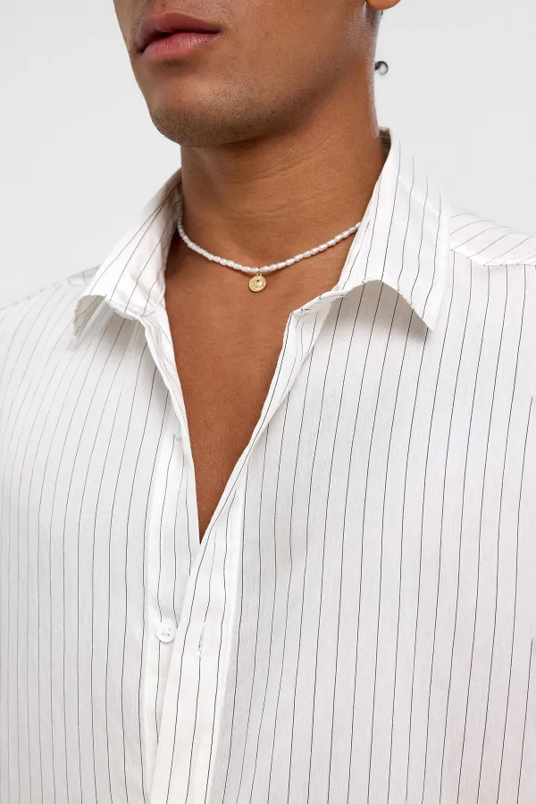 Oversize Çizgili Uzun Kollu Gömlek Beyaz