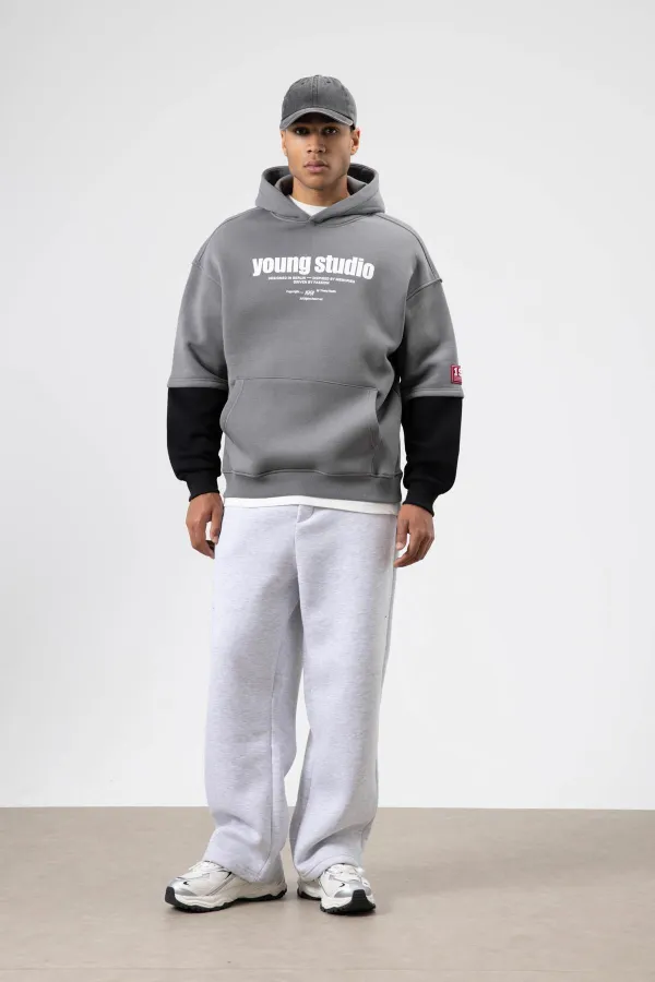 Oversize Baskılı Kapüşonlu Sweatshirt Füme