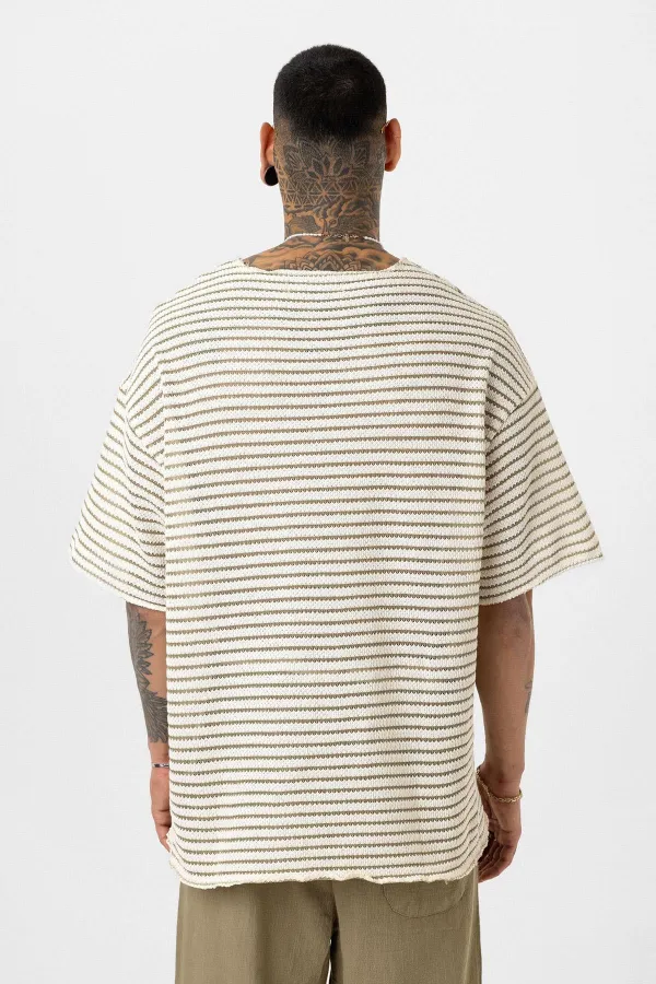 T-shirt rayé oversize en maille kaki