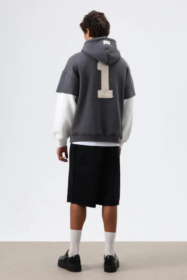 Oversize Kol Detaylı Kapüşonlu Sweatshirt Füme