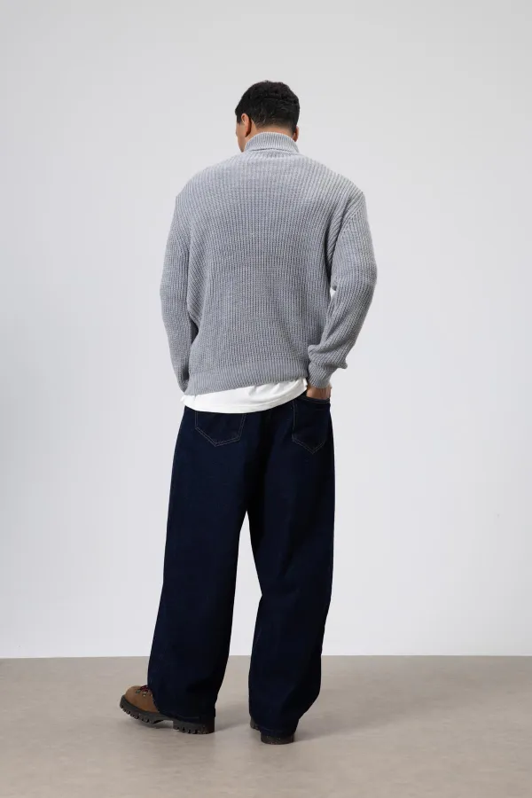 Oversize Triko Boğazlı Kazak Gri Melanj